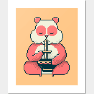 Cute Pink Panda Eating Ramen Pixel art Posters and Art